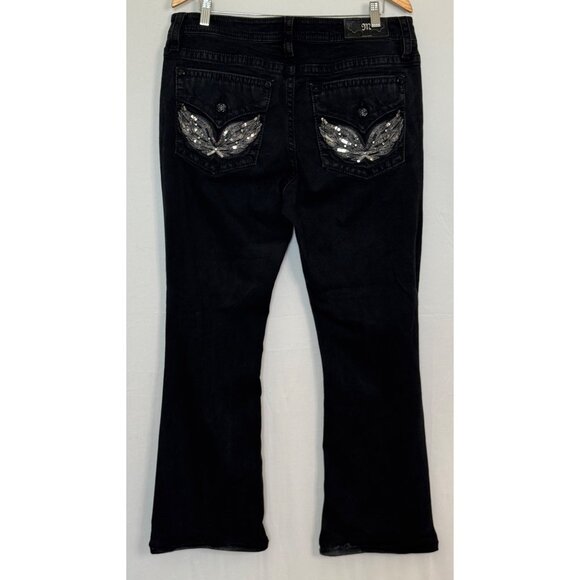 Miss Me Womens Black Mid-Rise Bootcut Jeans Size 36 With Sequin Wing Back Pocket - Picture 3 of 4